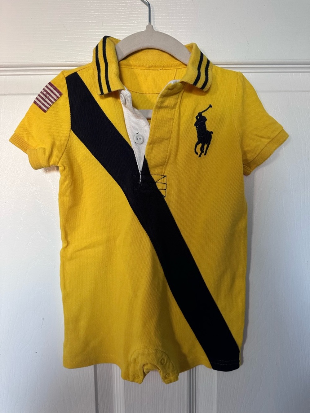 Ralph Lauren Yellow Polo Romper with Navy Diagonal Stripe